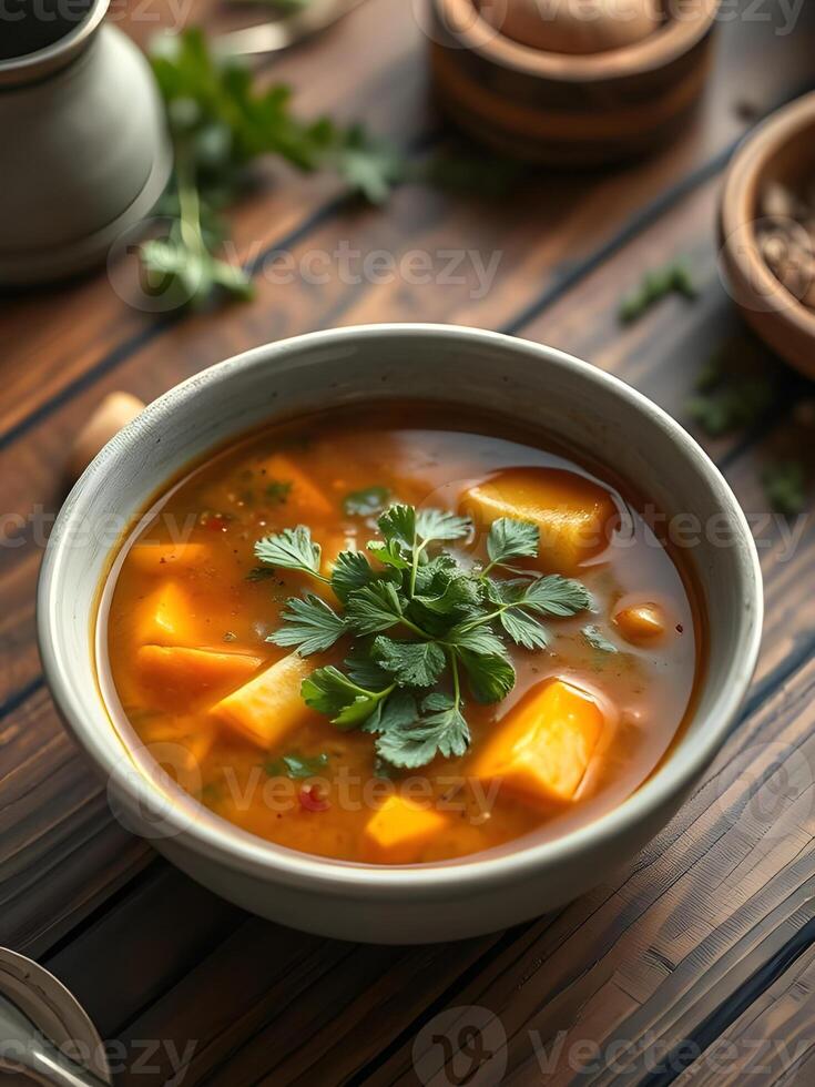 steaming bowl of traditional Ramadan soup on rustic table photo