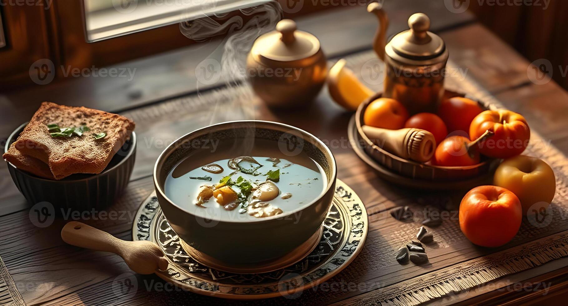 peaceful Ramadan Suhoor setup with nourishing food on a rustic wooden table, glowing in soft morning light photo