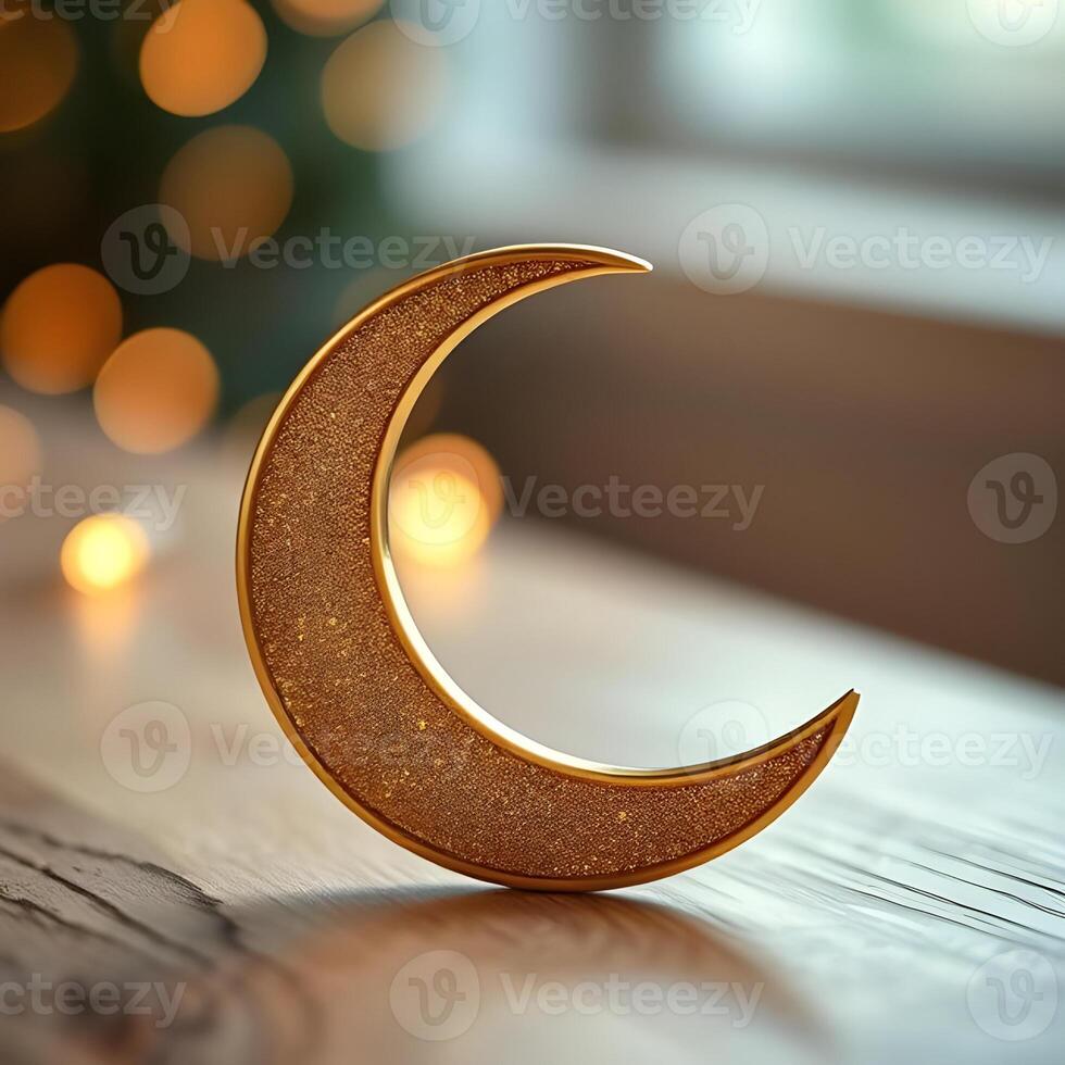 close-up of a golden crescent moon decoration on a wooden surface with soft bokeh photo