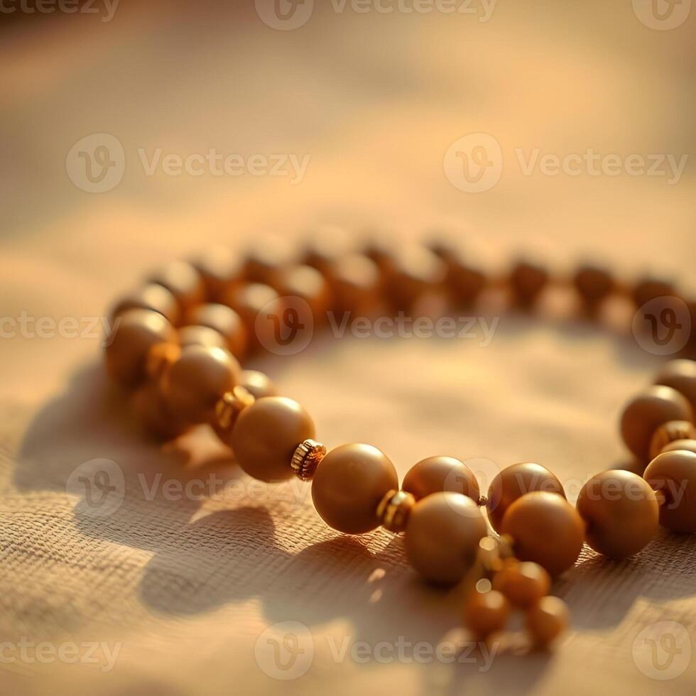 close-up of prayer beads on textured fabric with warm golden tones photo