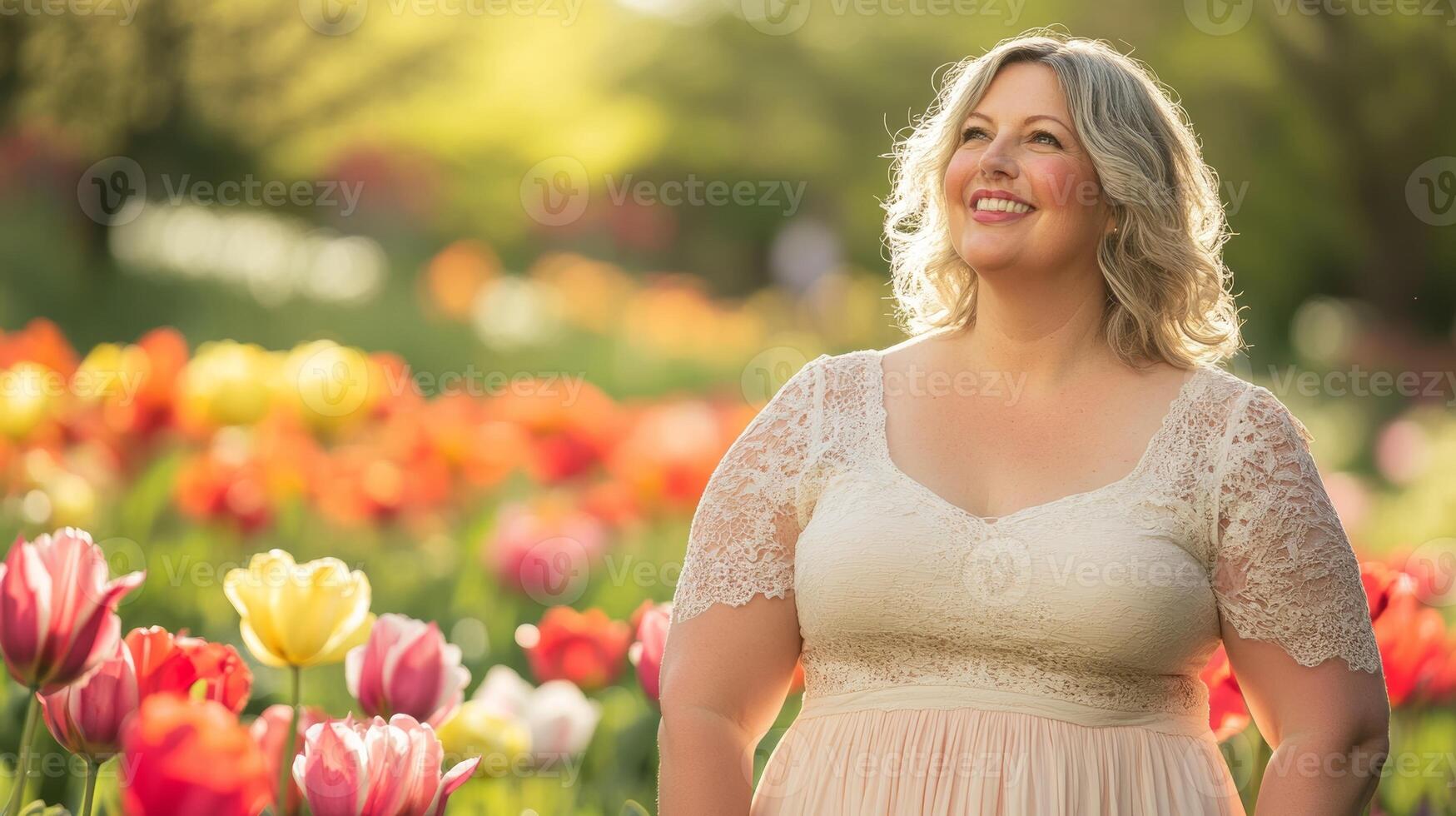 Happy caucasian mature female enjoying tulip garden in spring sunshine photo