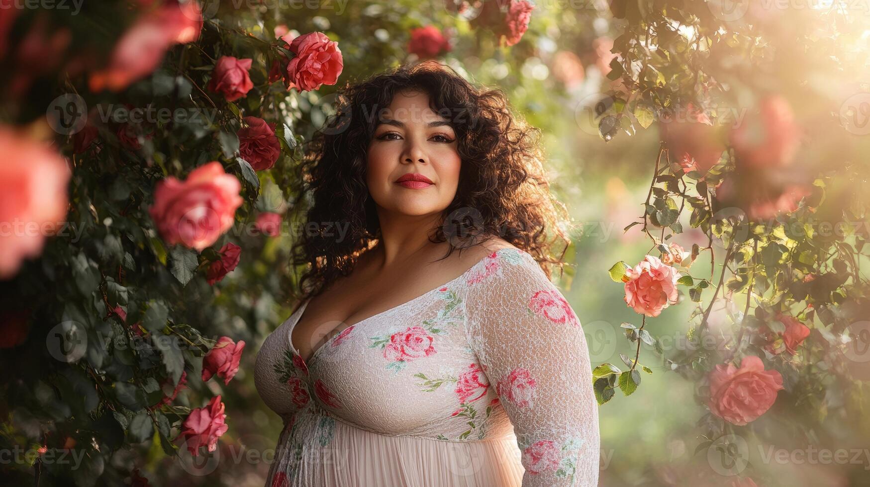 Hispanic female adult in floral dress surrounded by blooming roses with sunlight photo