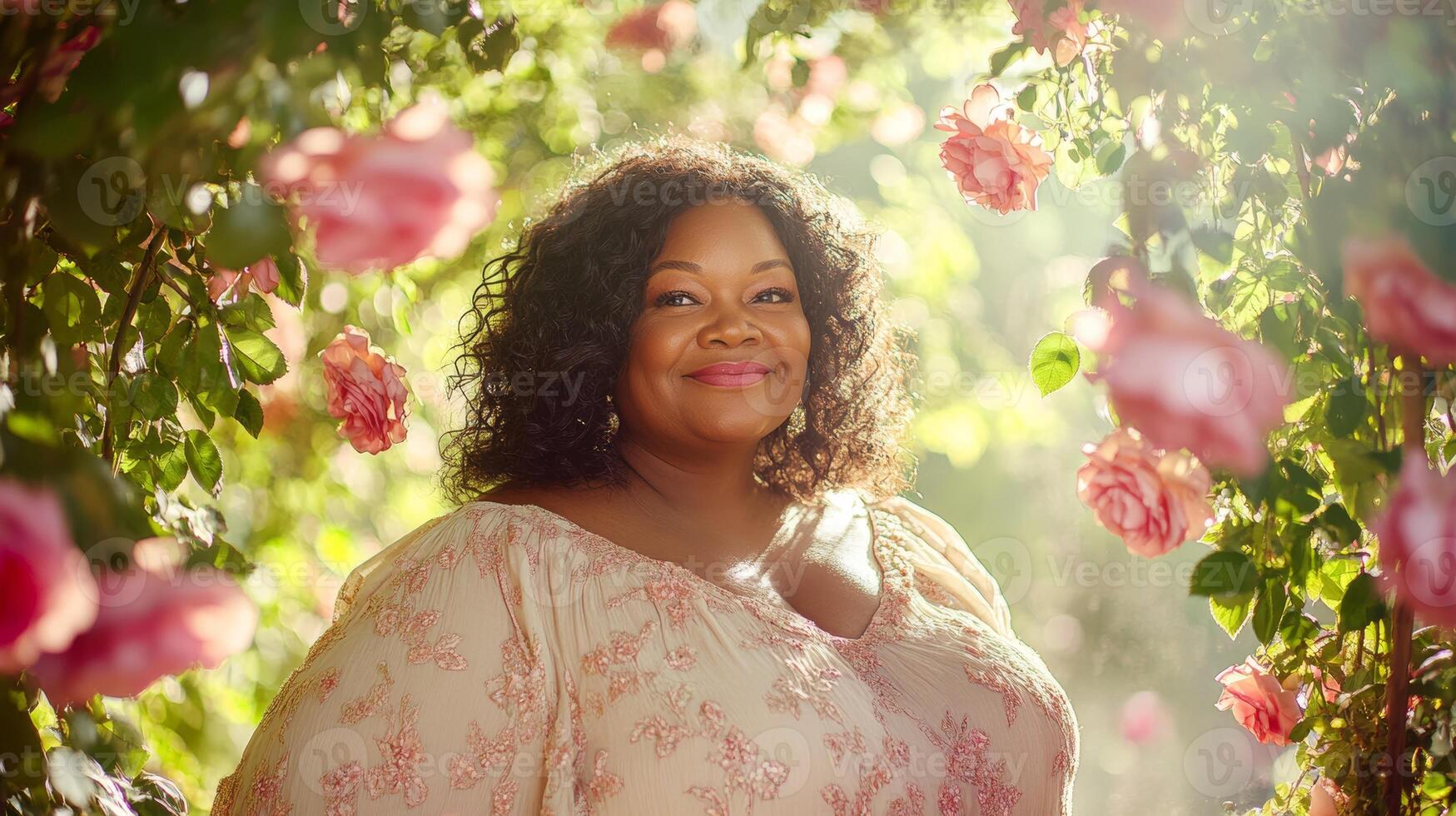 African female adult amidst blooming roses in sunlit garden smiling photo