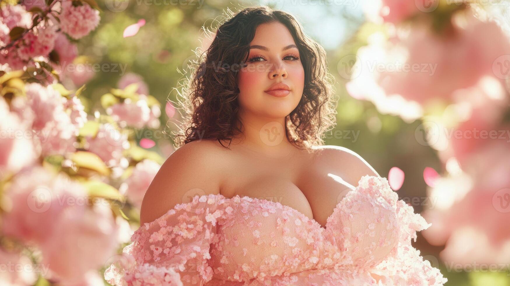 Young hispanic female in pink floral dress surrounded by blossoming cherry blossoms photo