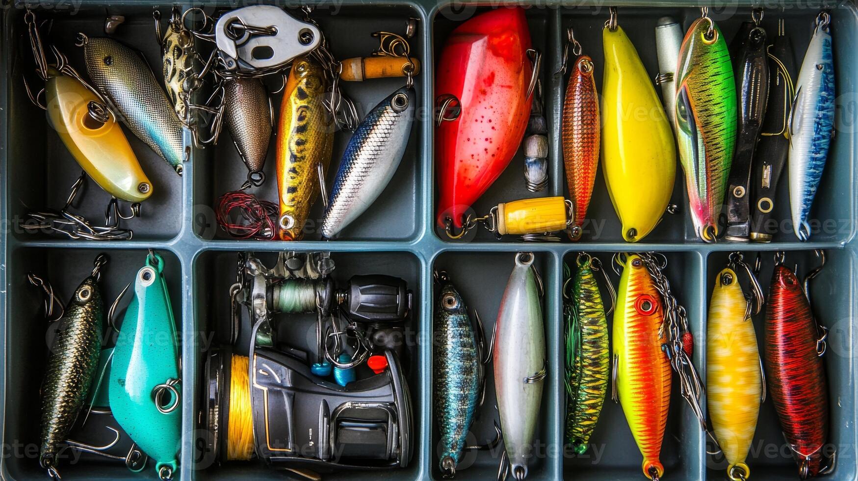 Colorful fishing lures and equipment in tackle box photo