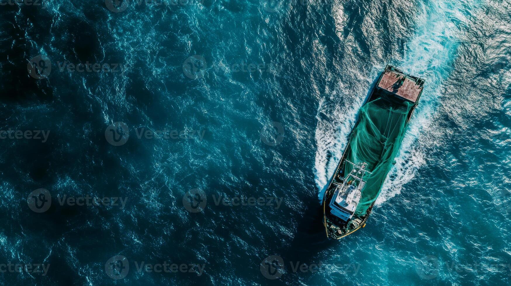 Aerial view of cargo ship at sea with vibrant ocean colors photo