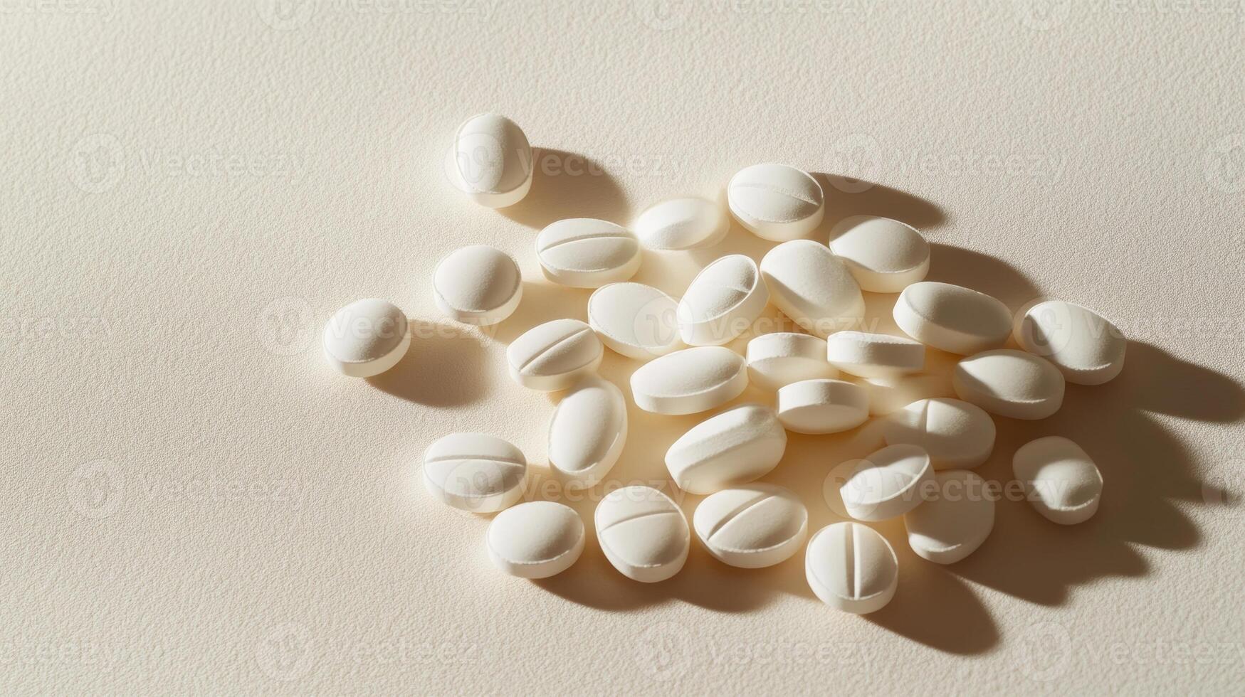 Assorted white pills on textured surface in soft light photo