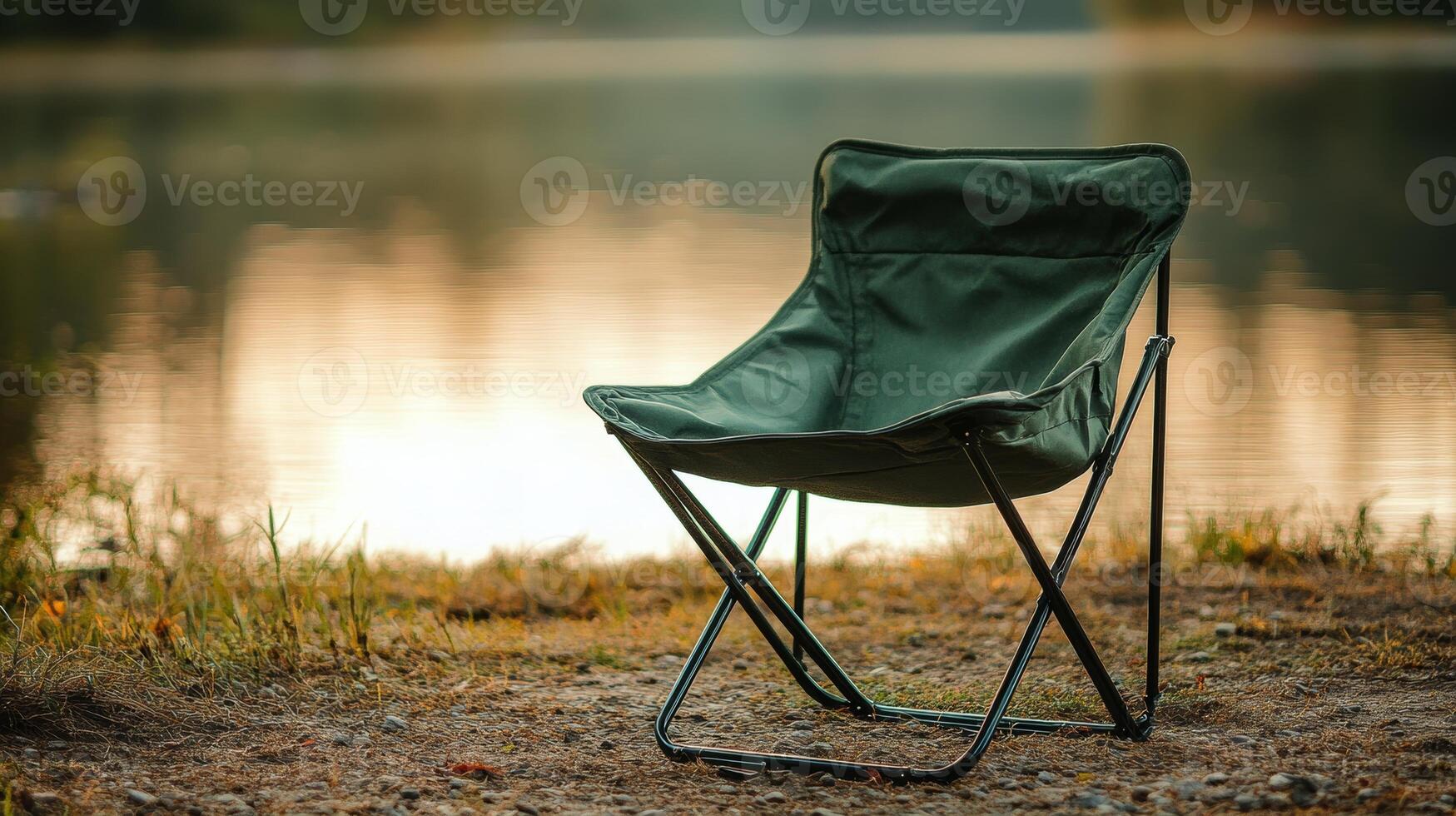 Green portable camping chair on lakeside at sunset with tranquil reflections in water photo