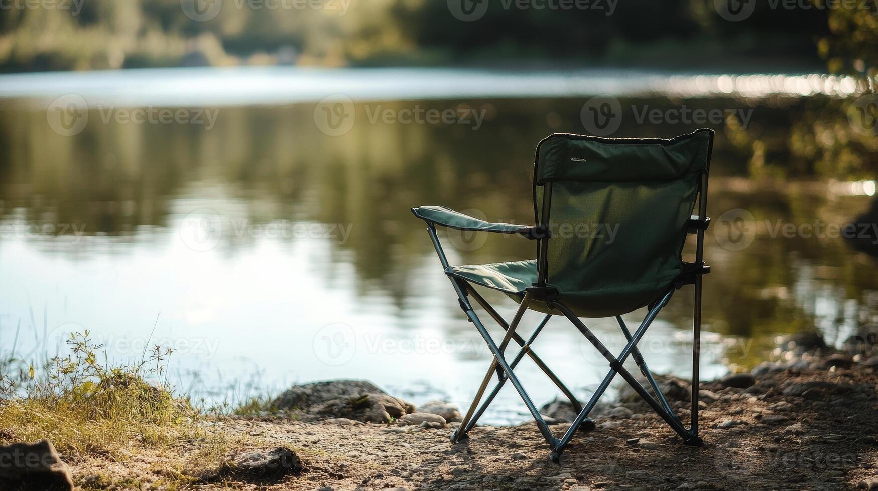 Empty green camping chair by a serene lake in sunlit forest setting photo