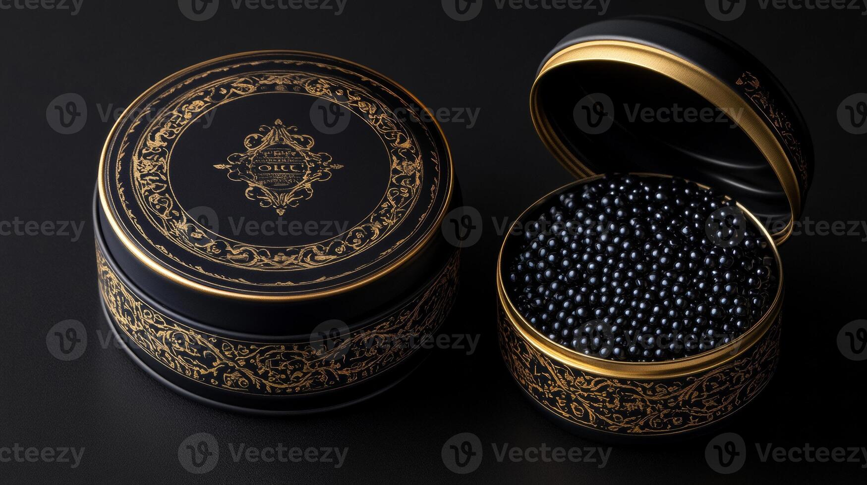 Ornate black and gold tin with open lid and black caviar on dark surface photo