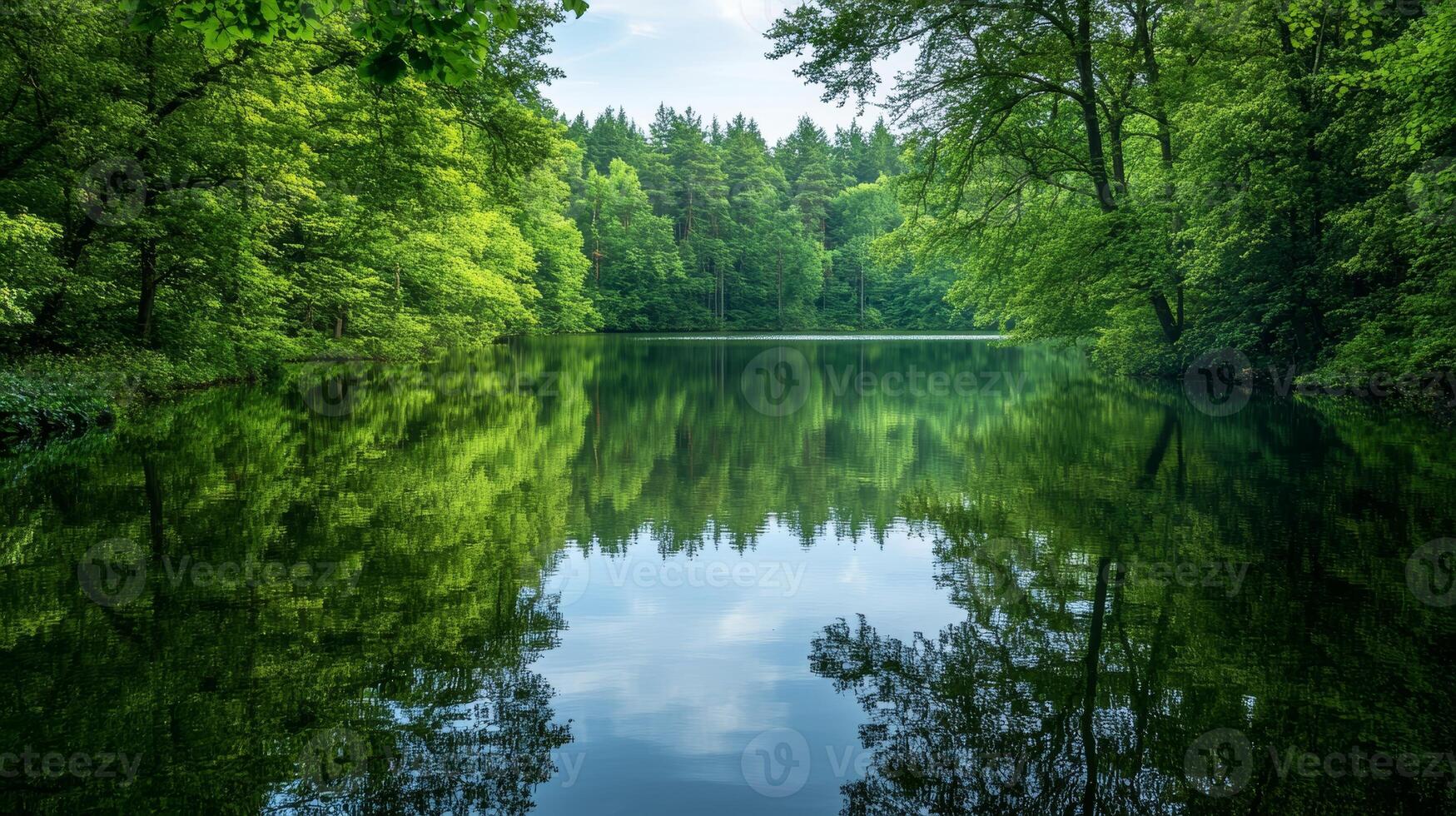 Serene forest lake reflection surrounded by lush greenery and vibrant trees photo