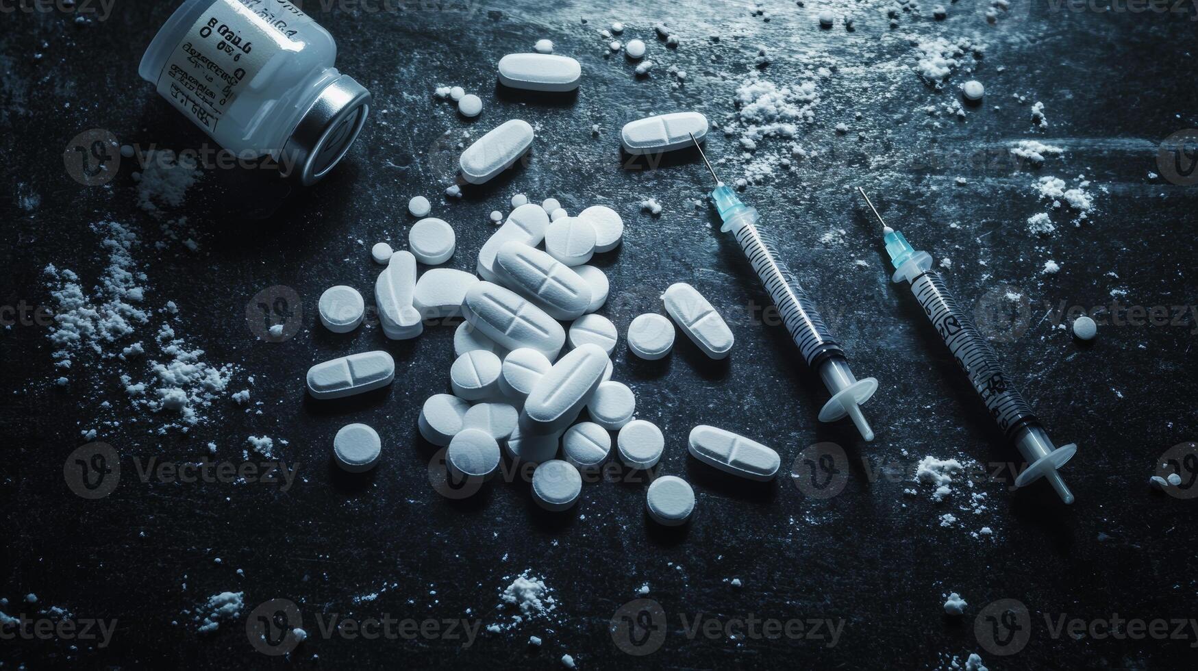 Various pills and syringes on dark surface highlighting substance abuse concerns photo