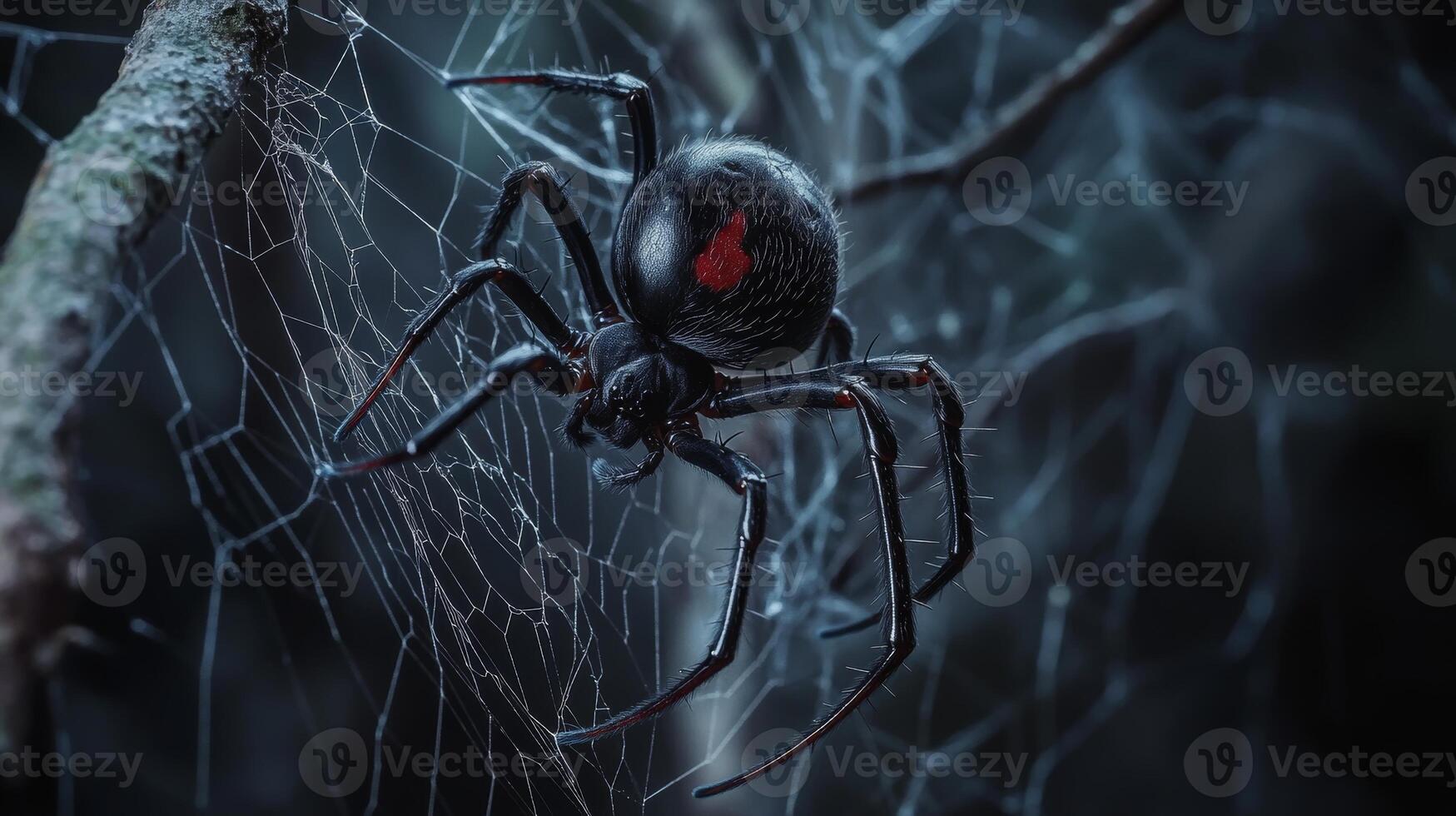 Close-up of black widow spider on intricate web at night photo