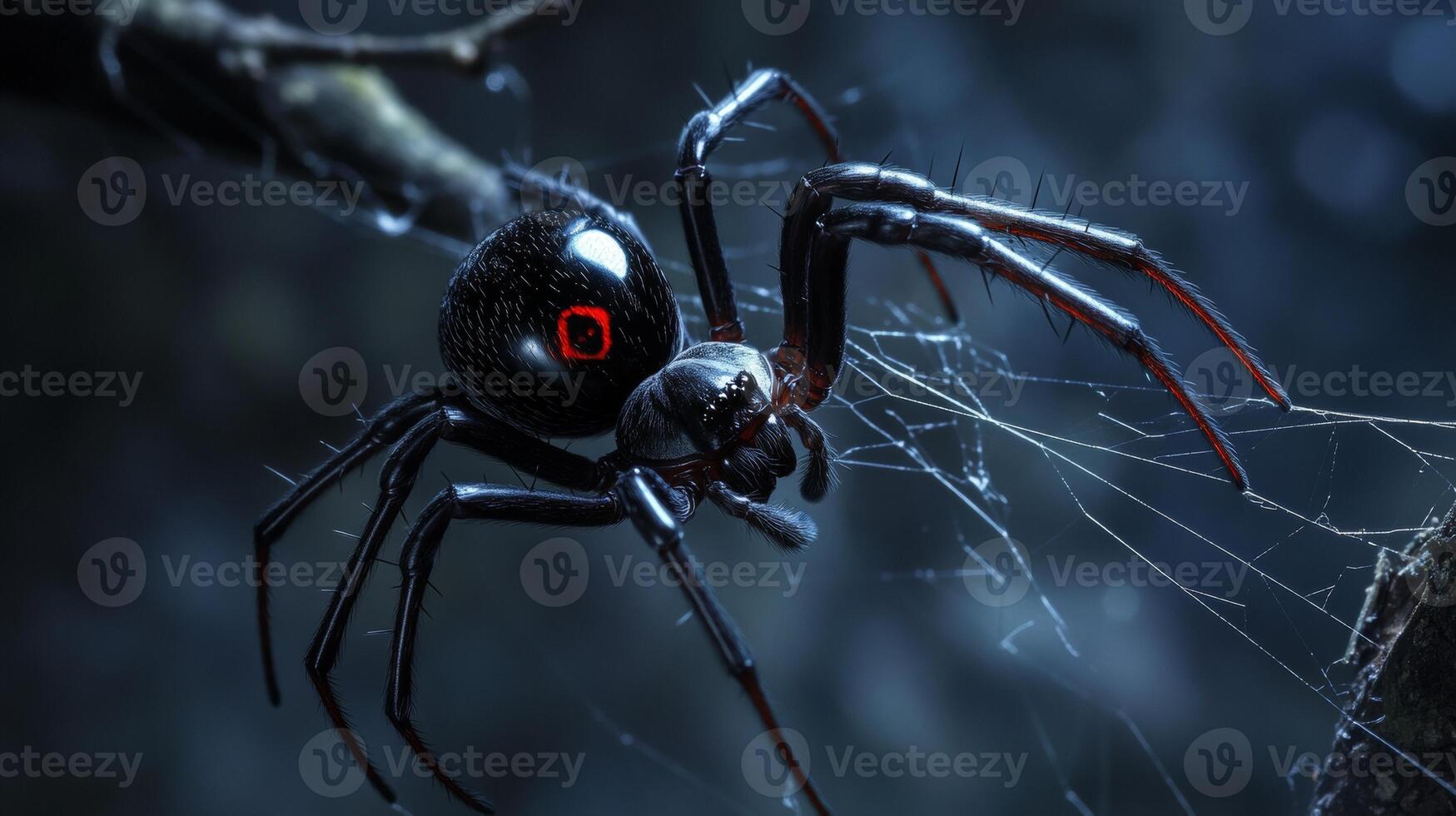 Close-up of a black widow spider on web in natural habitat photo