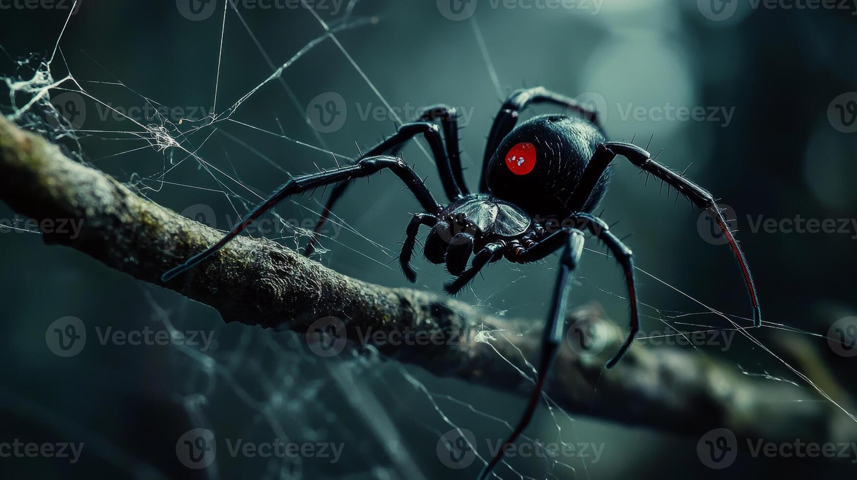 Close-up of black widow spider on web in dark forest environment photo