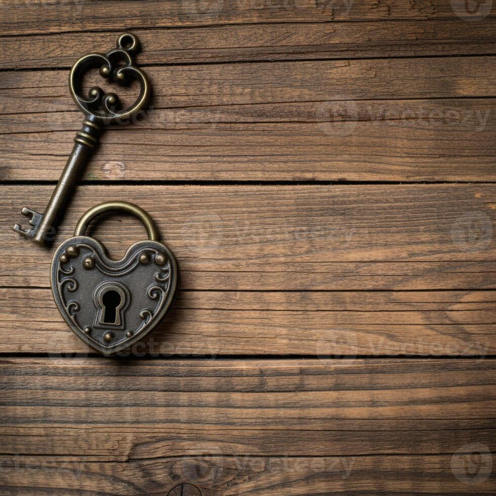 Vintage heart lock and key on aged wooden background antique love concept nostalgic romantic rustic Valentines Day theme photo