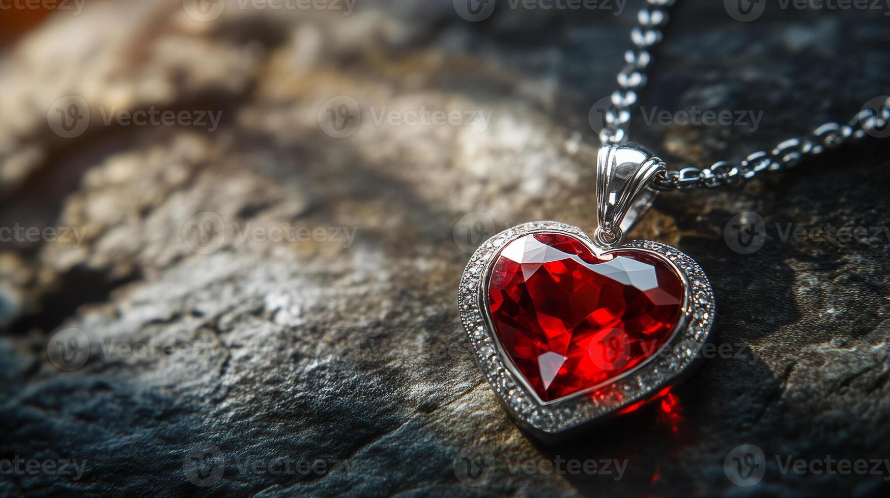 Heart-shaped ruby gemstone necklace on rocky surface reflecting light photo