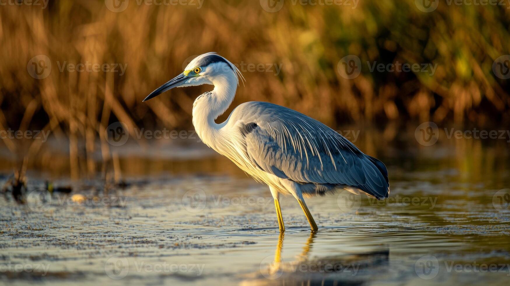 Graceful grey heron wading in tranquil wetland at golden sunset photo