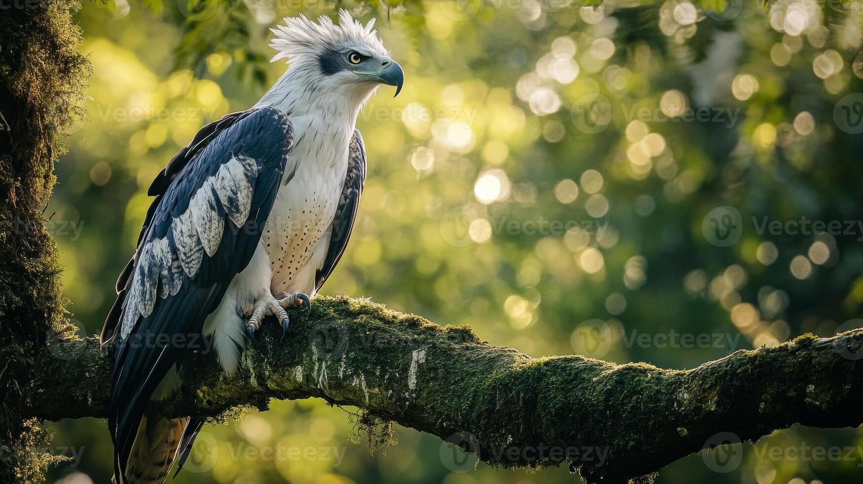 Majestic harpy eagle perched on mossy branch in lush forest photo