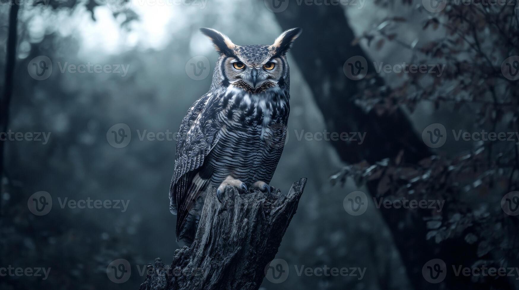 Majestic great horned owl perched on tree stump in mysterious forest setting photo