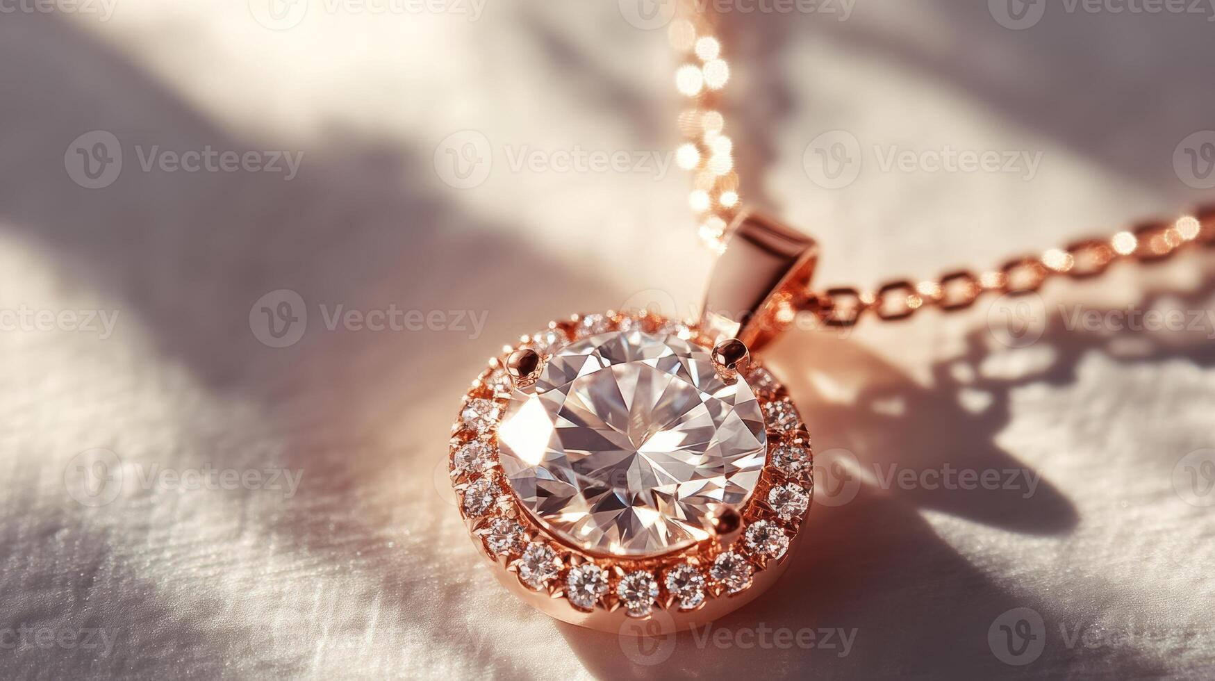 Elegant rose gold diamond pendant on chain with soft shadows and textured background photo