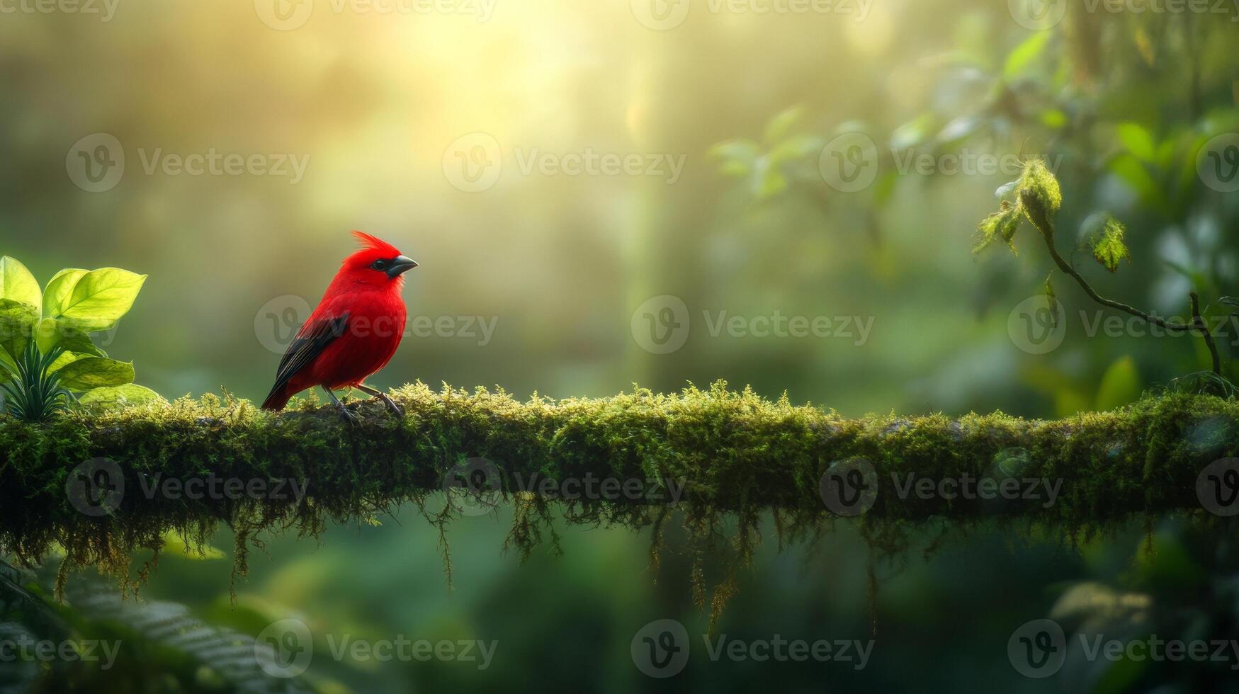 Vibrant red cardinal in lush green forest at sunrise photo