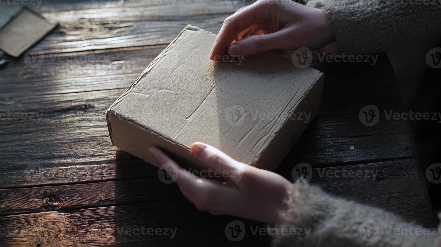 Female hands holding cardboard box on wooden table photo