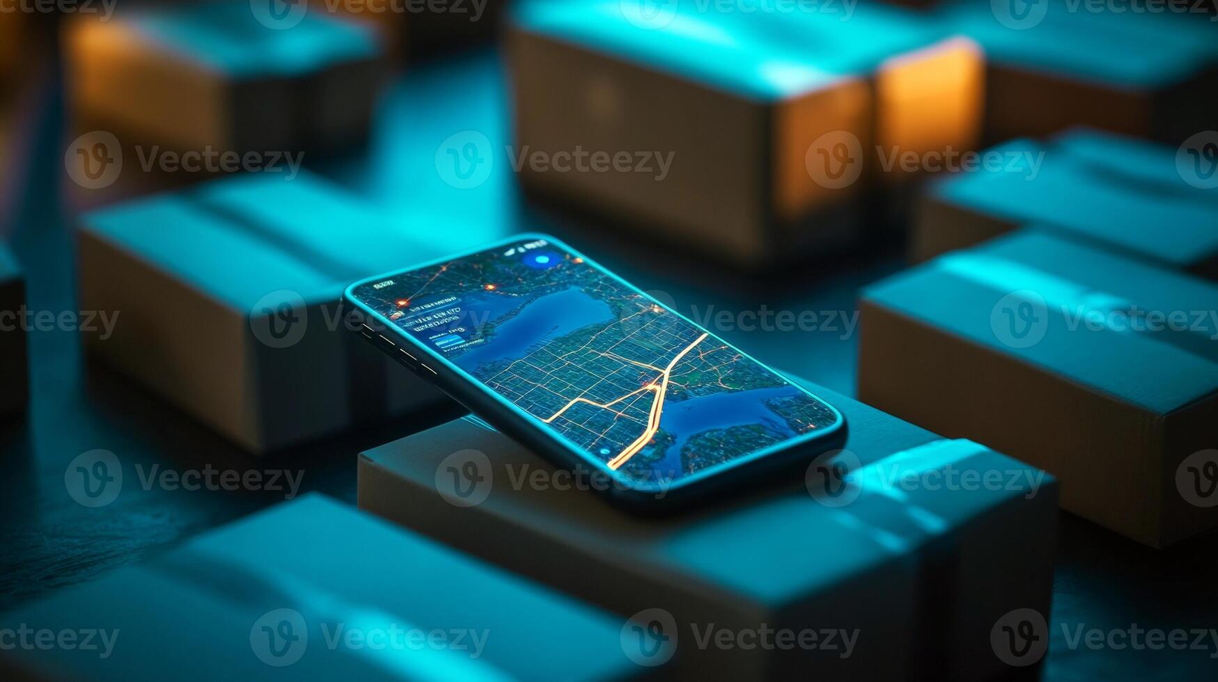 Smartphone displaying map for navigation among parcels on dimly lit table photo
