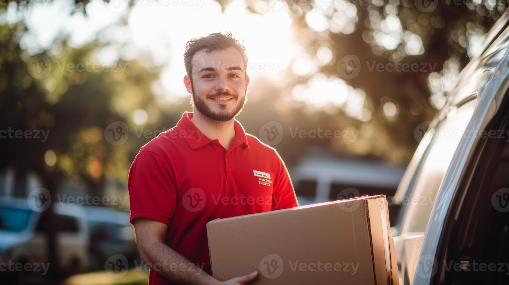 Caucasian young male delivery person carrying package in sunlit park photo