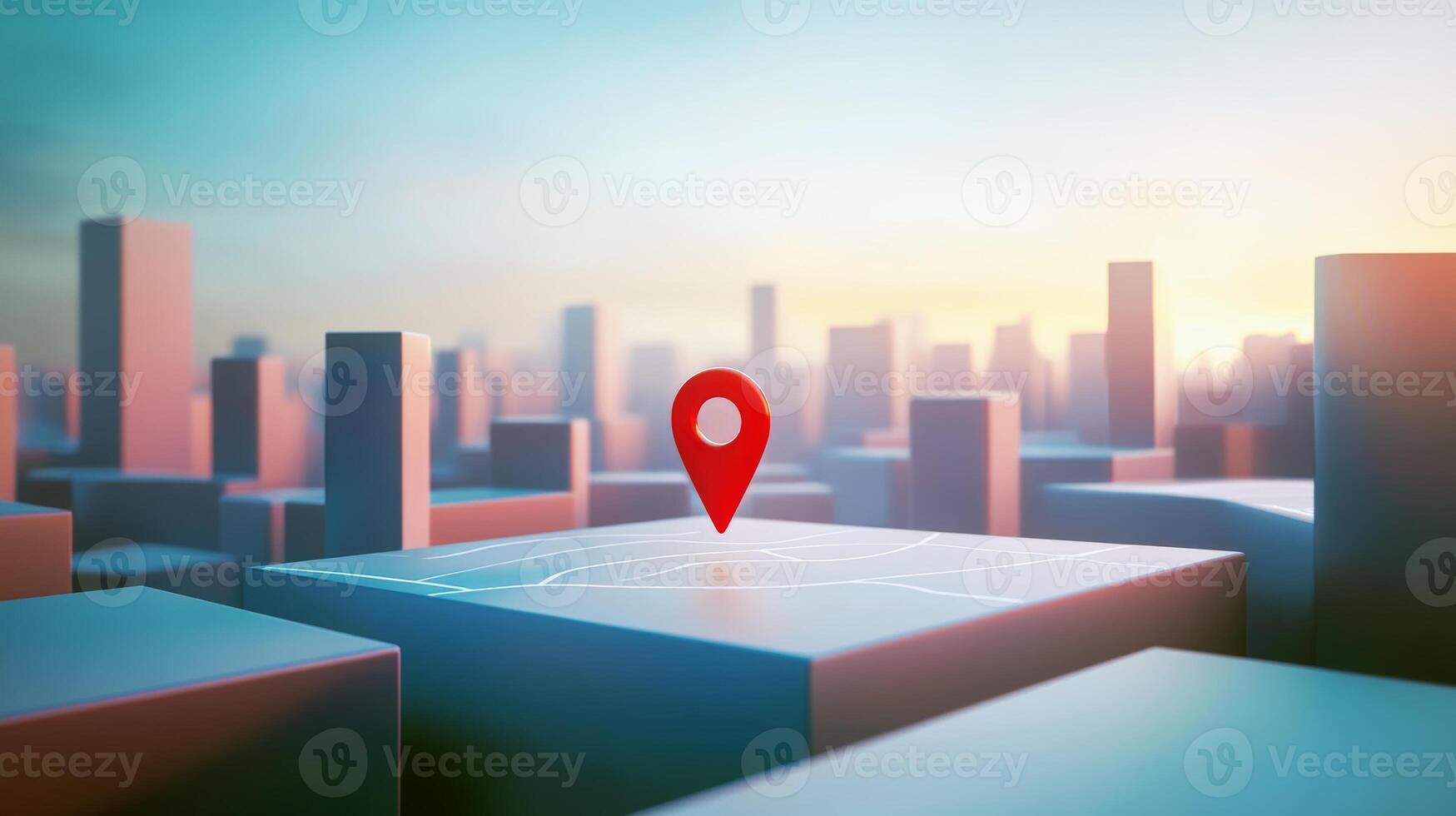 Abstract cityscape with red location pin at sunset photo