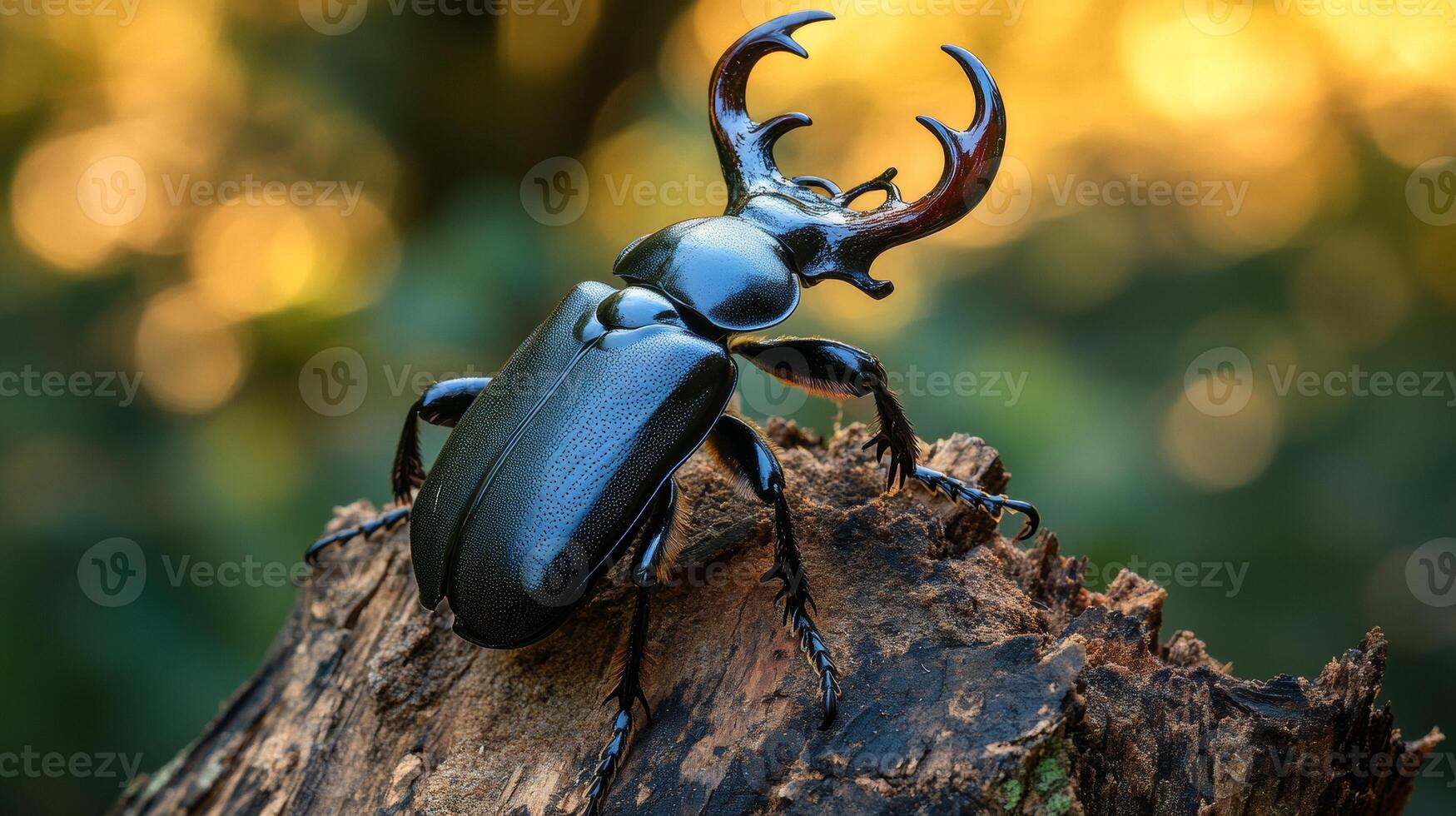 Stag beetle on tree stump against blurred forest background photo