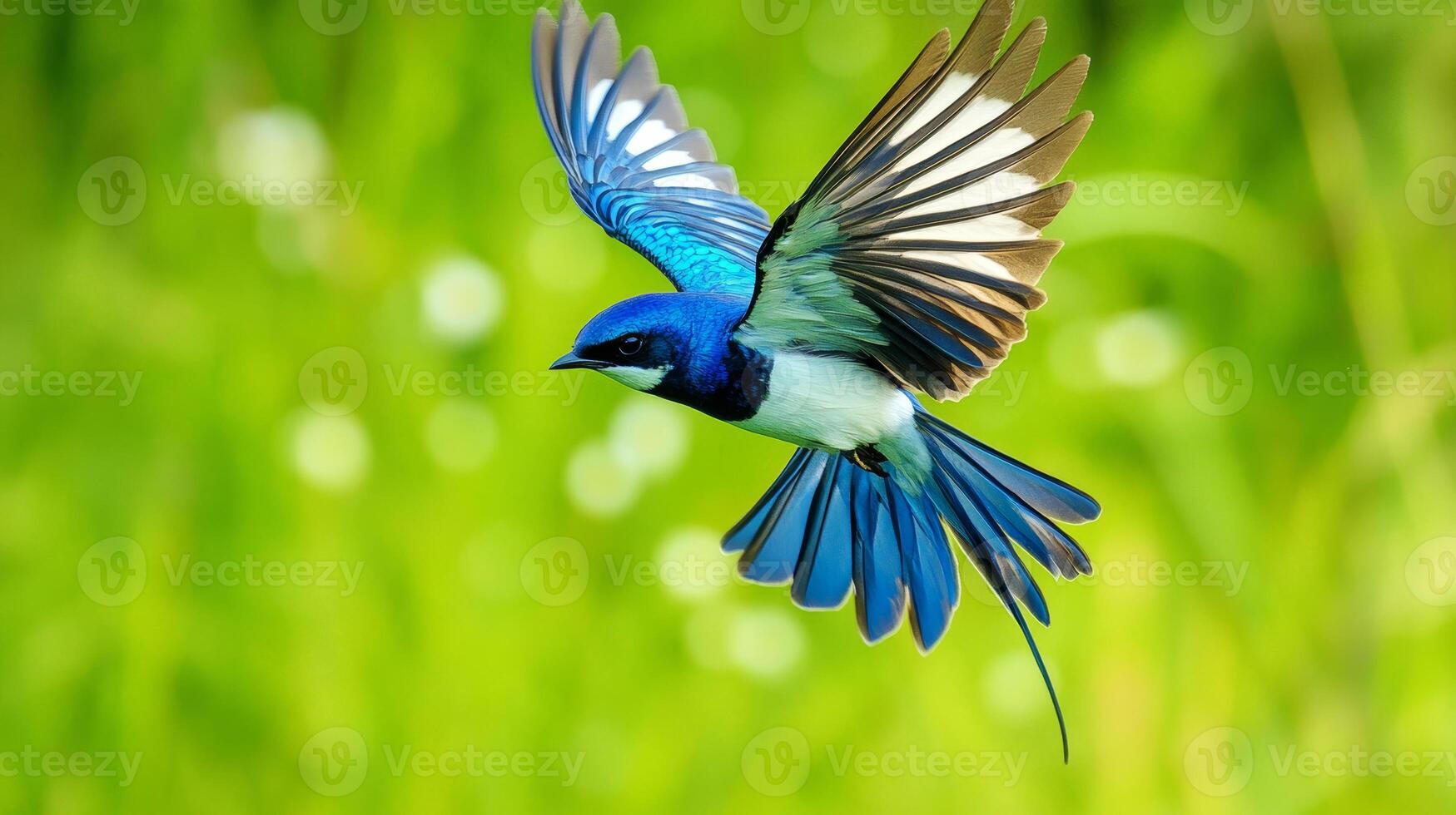 Vibrant blue swallow in mid-flight against lush greenery photo