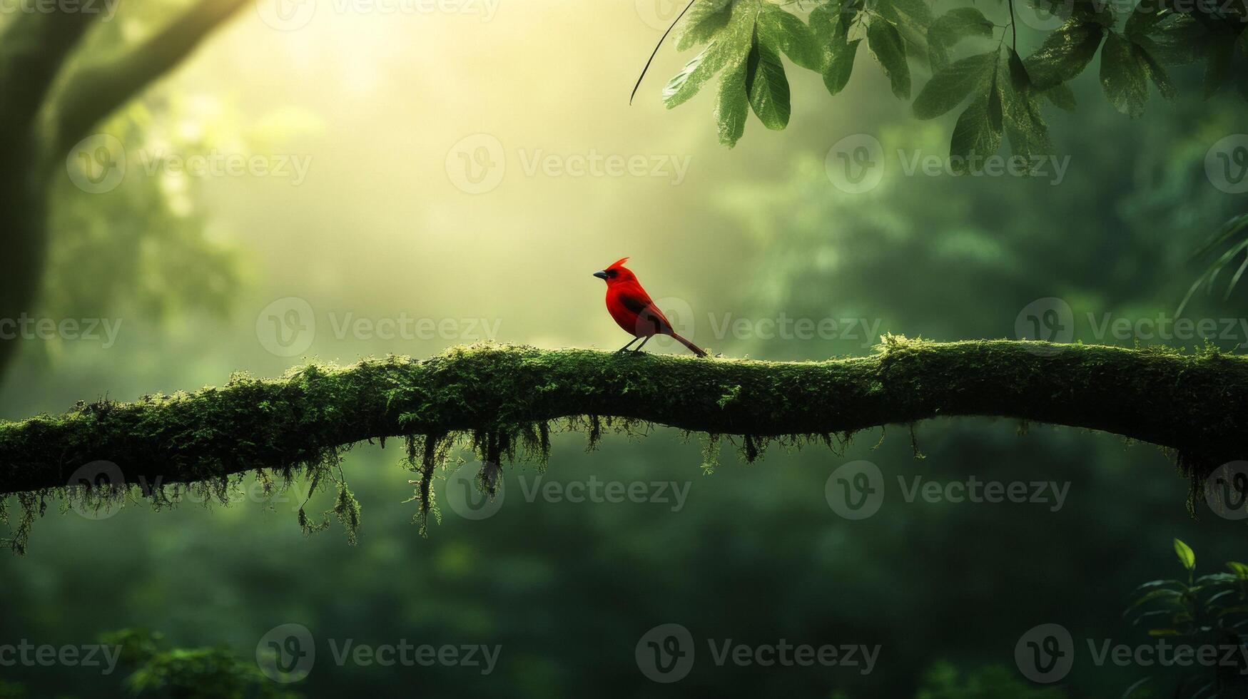 Vibrant red cardinal perched on mossy branch amidst lush greenery in tranquil forest photo