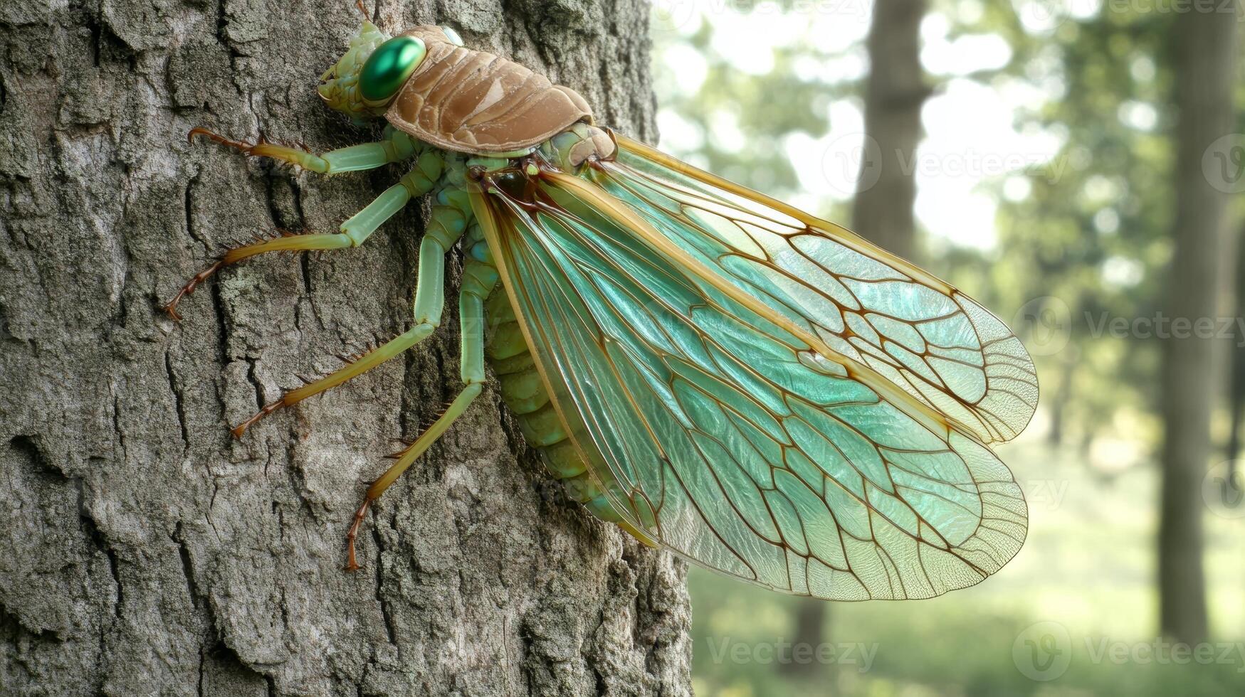 Vibrant green cicada on tree trunk in forest with detailed wings photo