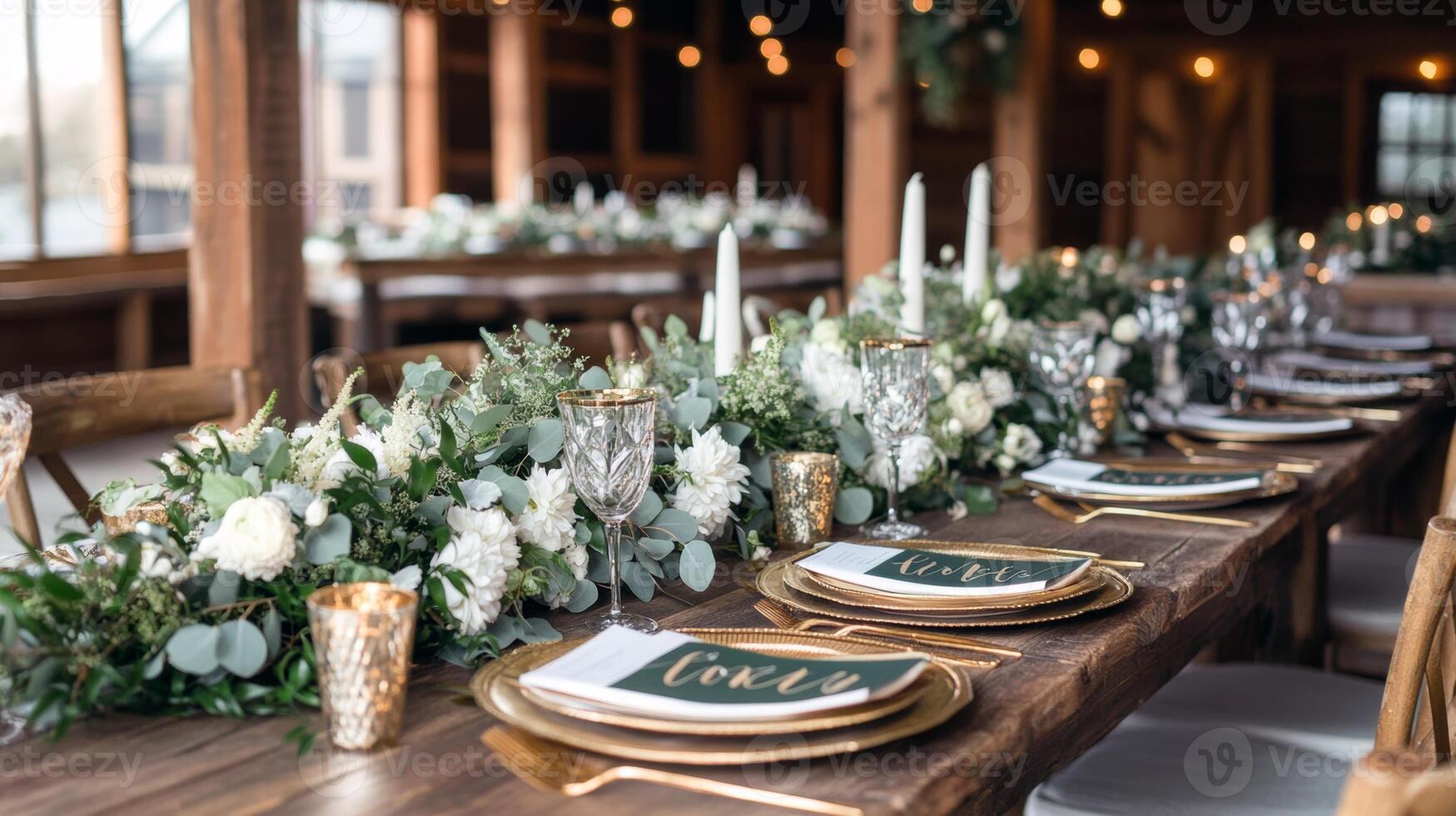 Elegant rustic wedding reception table setting with floral centerpieces and candles photo
