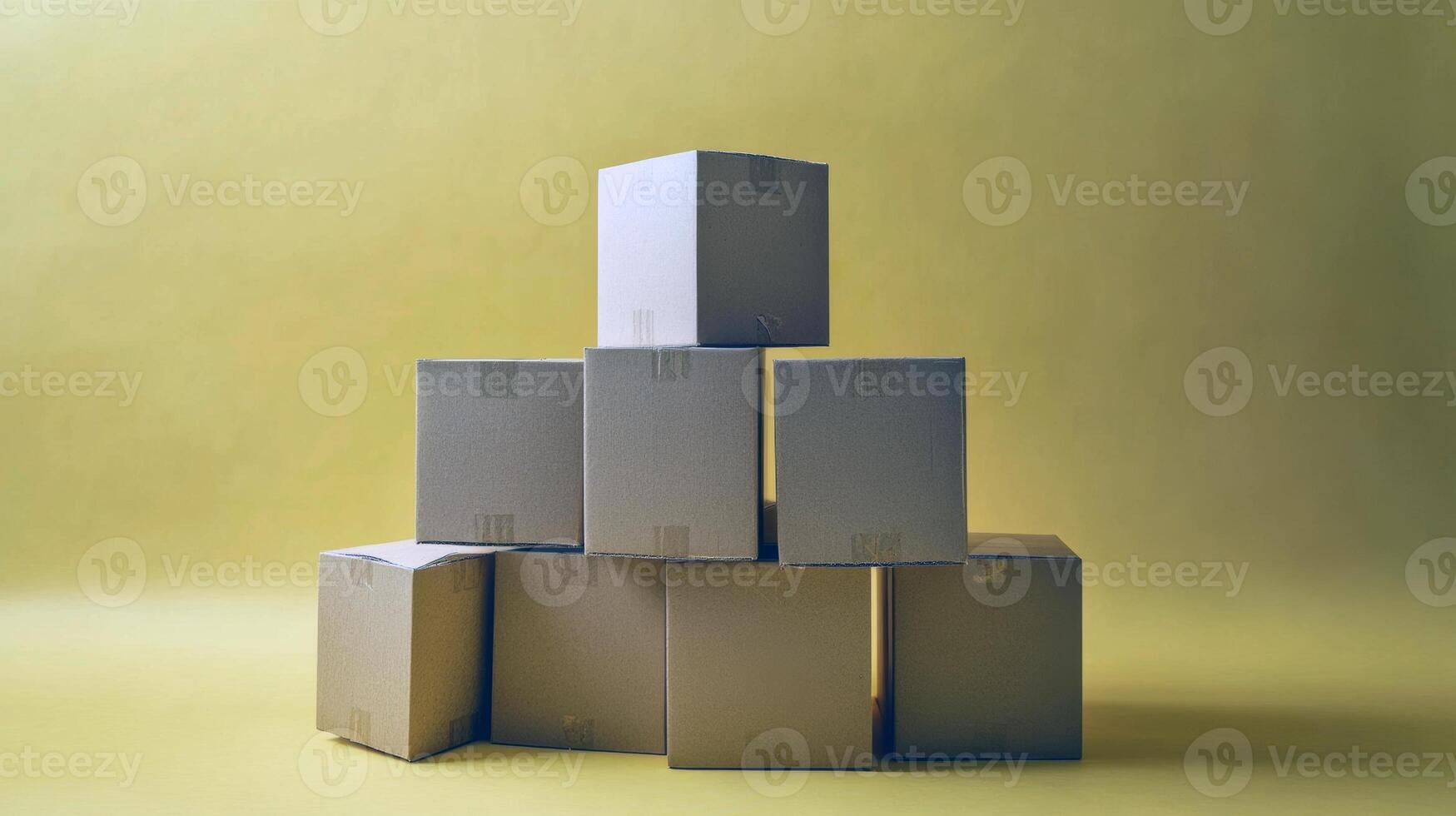 Stack of six cardboard boxes on yellow background photo