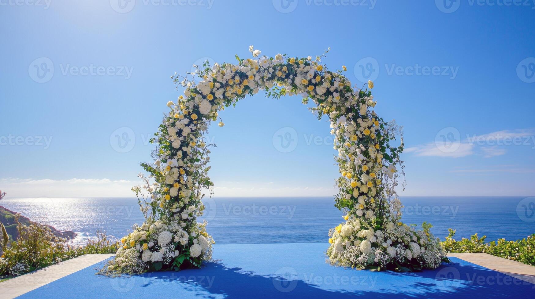 Elegant floral arch overlooking ocean at seaside wedding venue under clear blue sky photo
