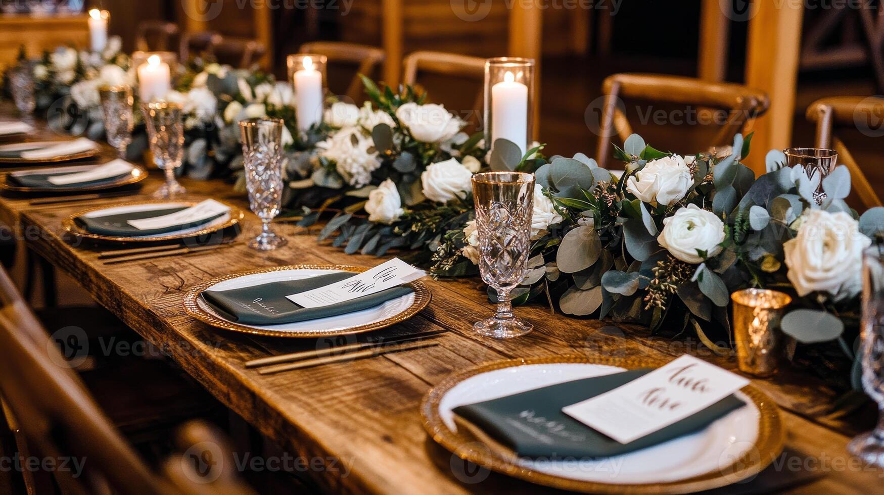 Elegant rustic wedding reception table with floral arrangement and candlelight decor photo