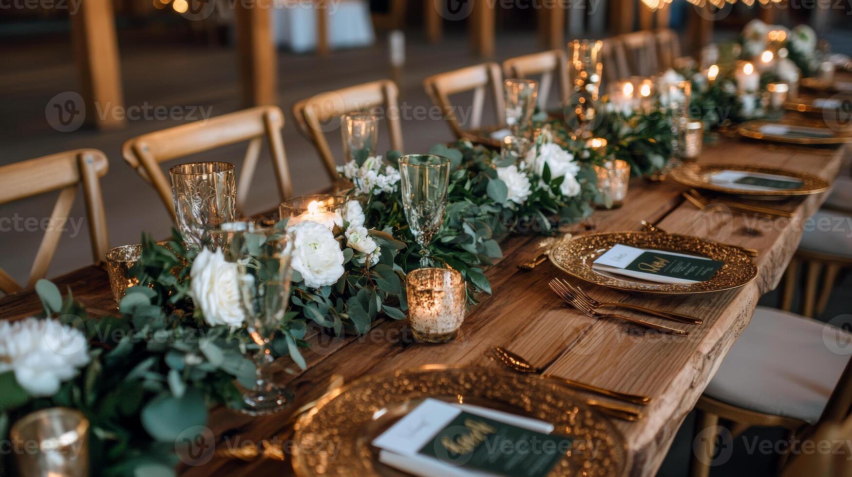 Elegant rustic wedding reception table with floral arrangements and gold accents photo