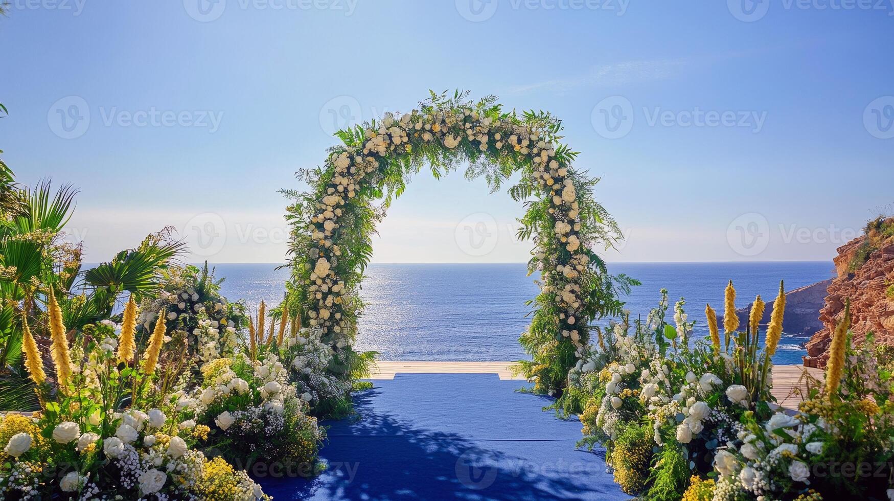 Beautiful floral wedding arch by ocean with blue sky and greenery photo
