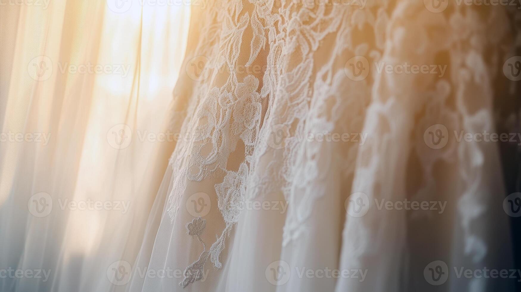 Elegant lace wedding dress with intricate floral details in soft light photo