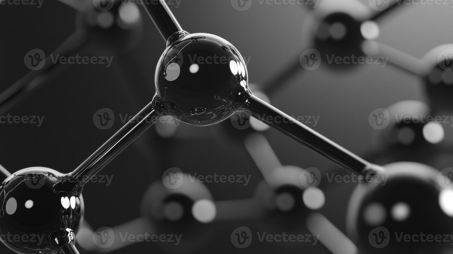 Close-up of molecular structure with black shiny spheres on dark background photo