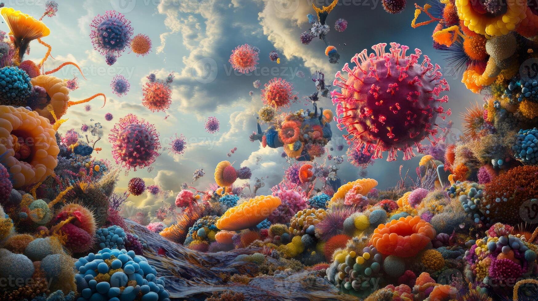 Abstract microbial landscape with colorful floating organisms against stormy sky photo