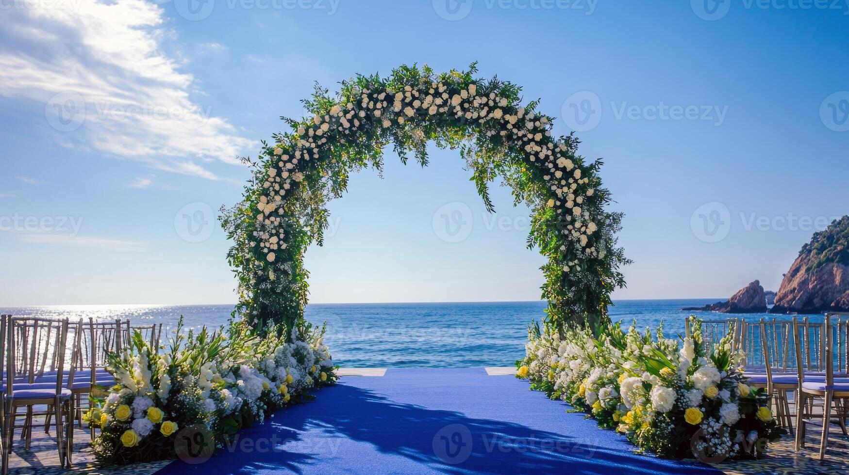 Stunning beach wedding ceremony with floral arch and ocean view photo