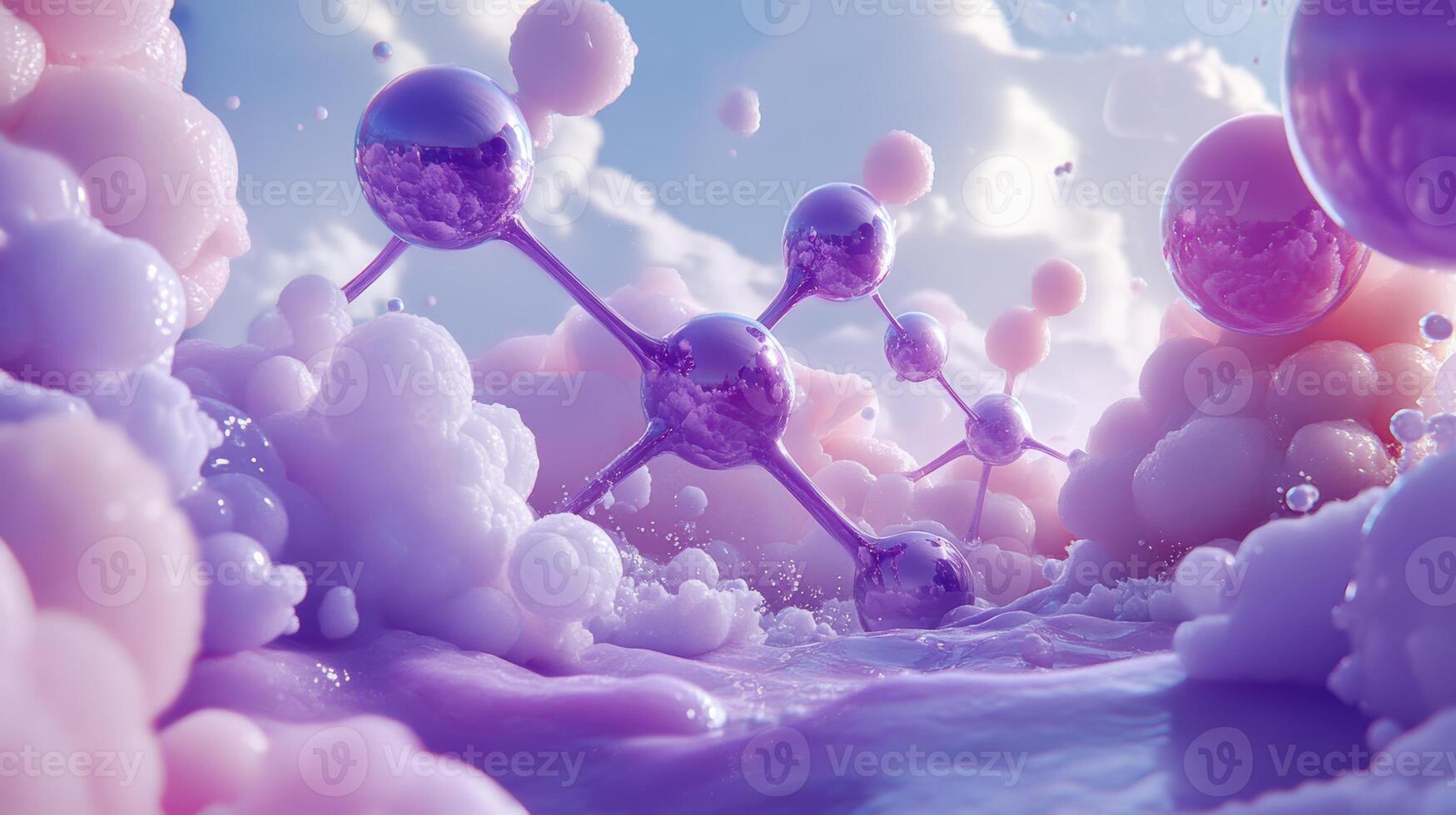 Abstract molecular structure with purple spheres and pink cloudscape photo