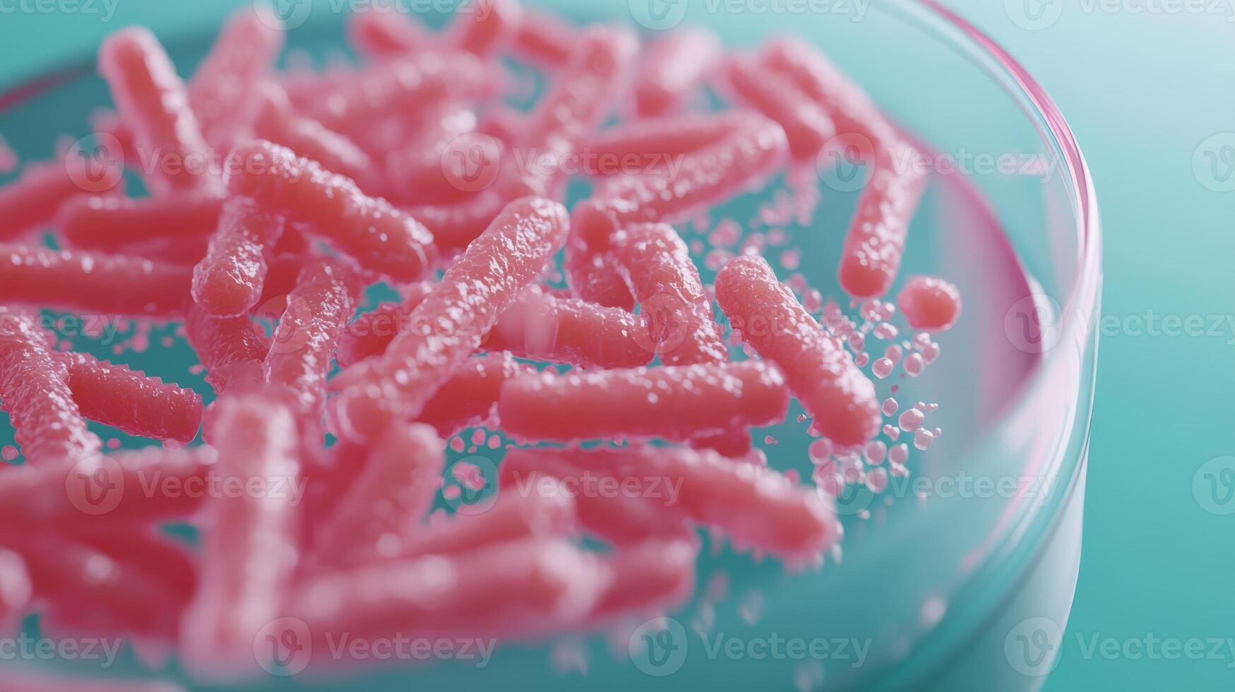 Close-up of pink bacteria cultures in petri dish on cyan background photo
