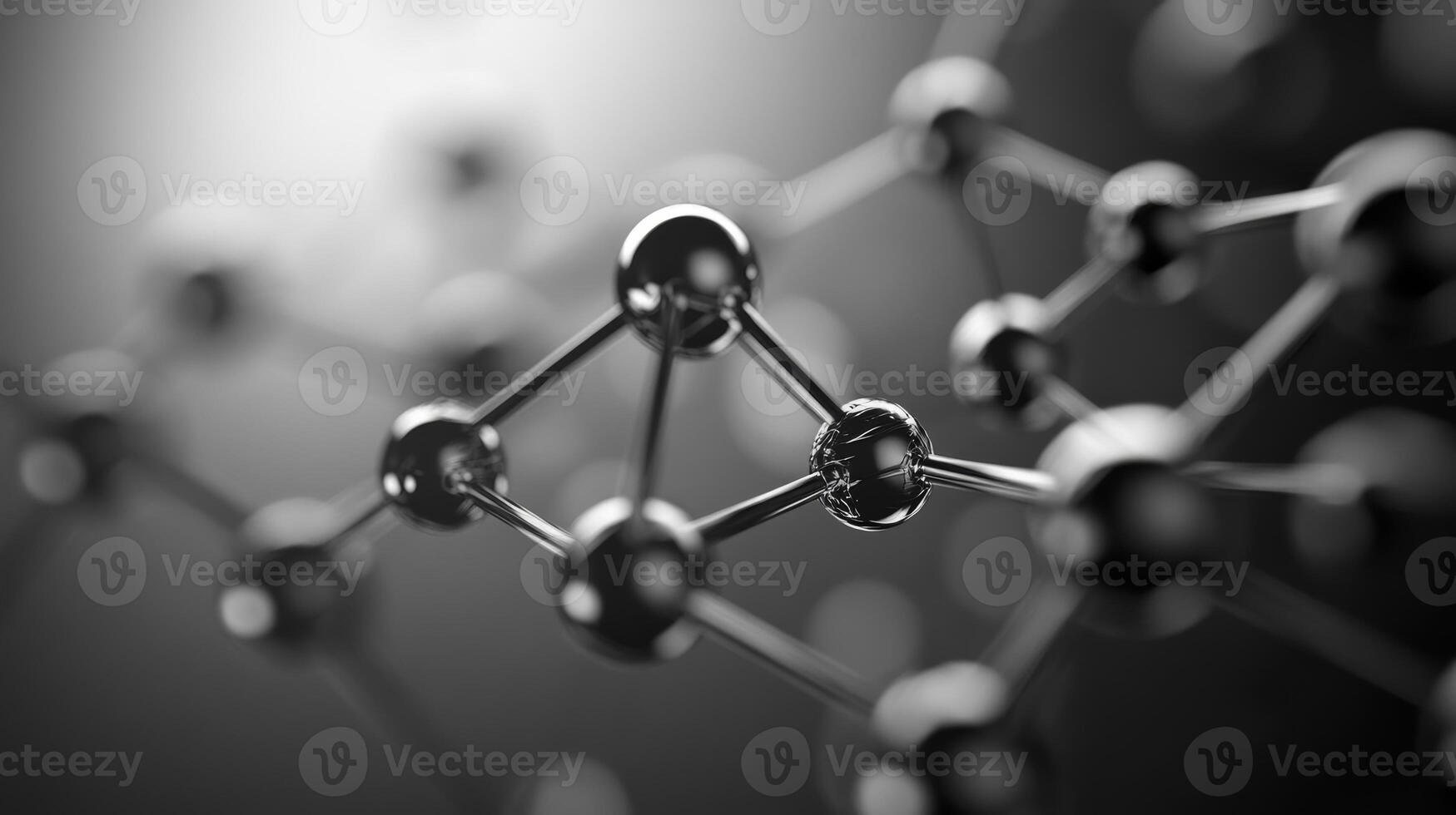 Abstract molecular structure in black and white with metallic spheres and connecting rods photo
