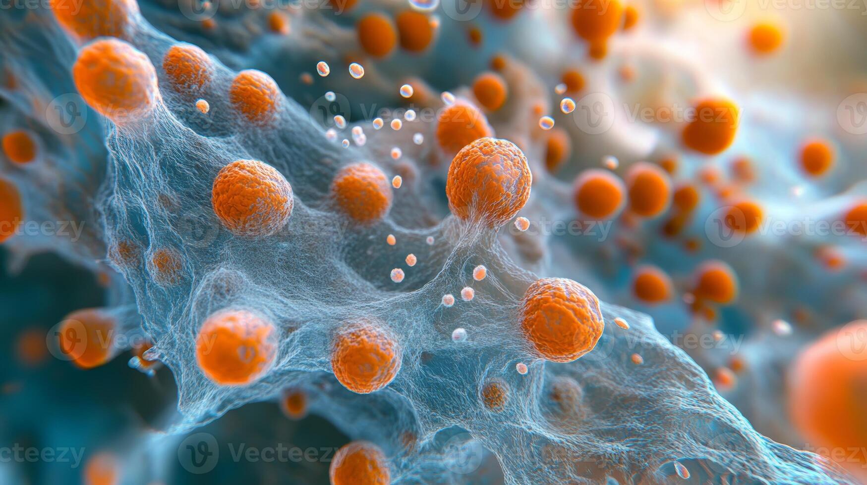 Abstract close-up of orange cells in blue web-like structure photo