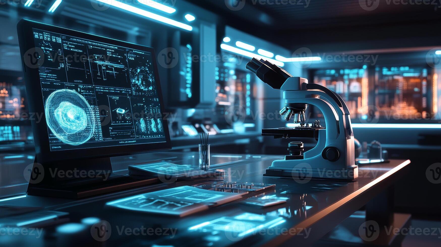 Futuristic laboratory with microscope and digital interfaces in advanced research facility photo