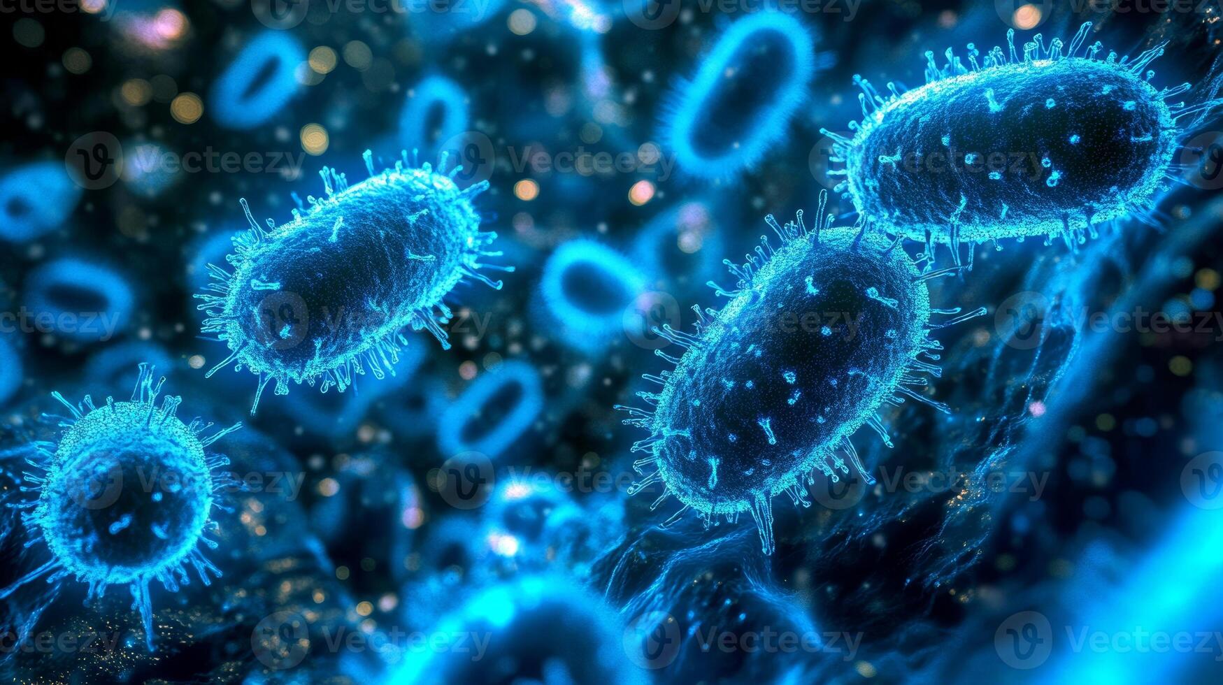 Close-up view of blue bacteria cells in a microscopic environment photo